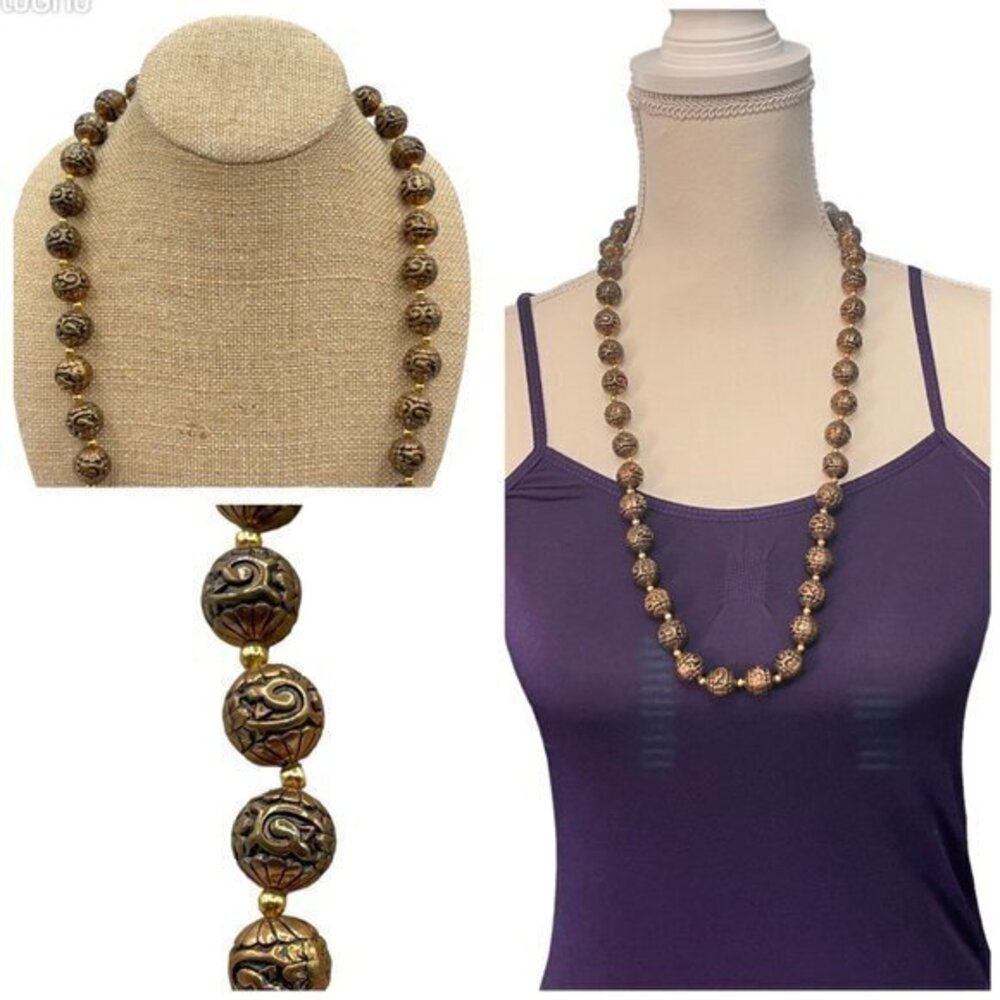 Rare Carved Bronze Beaded Necklace